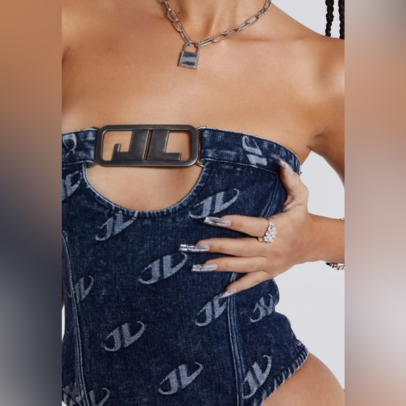 ❌SOLD❌ Jaded London Denim Monogram Strapless Buckle Logo Hardware Corset Top - Picture 3 of 7